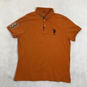 USPA Polo Shirt Mens Large Orange Stretch Pique Knit Logo 3 Sleeve Patch Y2K